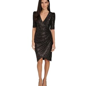 Calvin Klein Women's Sequined Ruched Puff-Shoulder V-Neck Dress